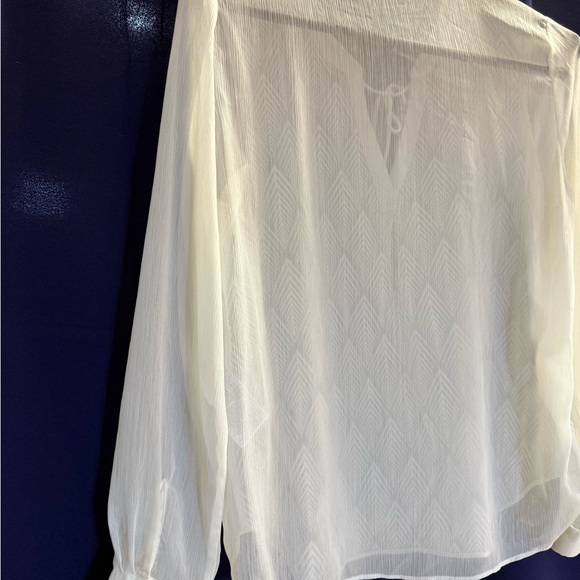 Banana Republic Ivory Embroidered Boho Blouse L Tie Neck Sheer Sleeves - Picture 8 of 10
